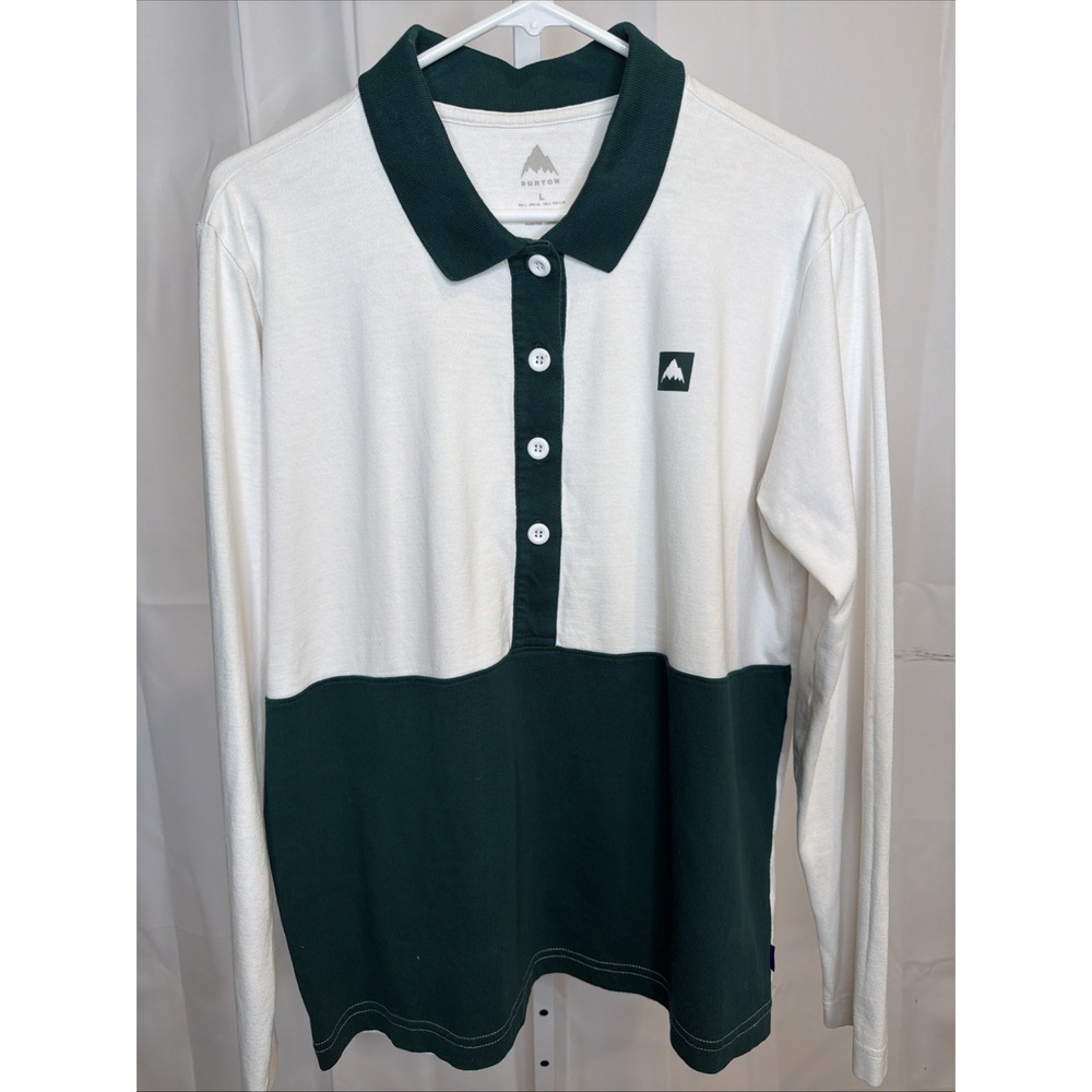 Burton Mens L Cream Green Colorblock Long Sleeve Rugby Polo Shirt Snowboard